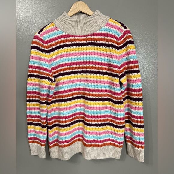 Talbots MOCKNECK SWEATER - HAPPY STRIPE size medium petite chunky crochet knit - Picture 1 of 6